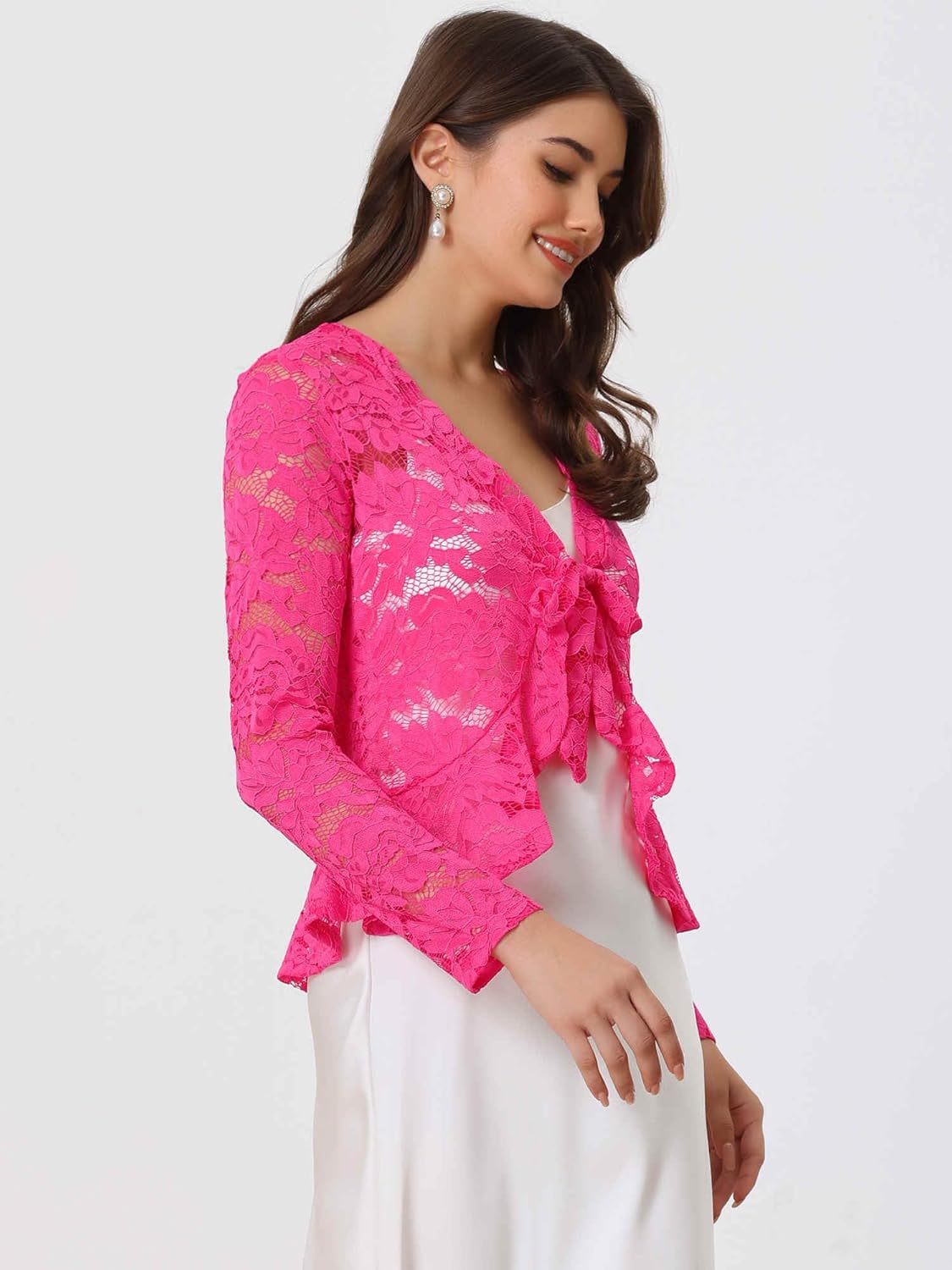 Allegra K Bolero Shrug for Women's Lace Cardigan Tie Front Crop Ruffled Formal Dressy Wedding Shrugs - Image 3