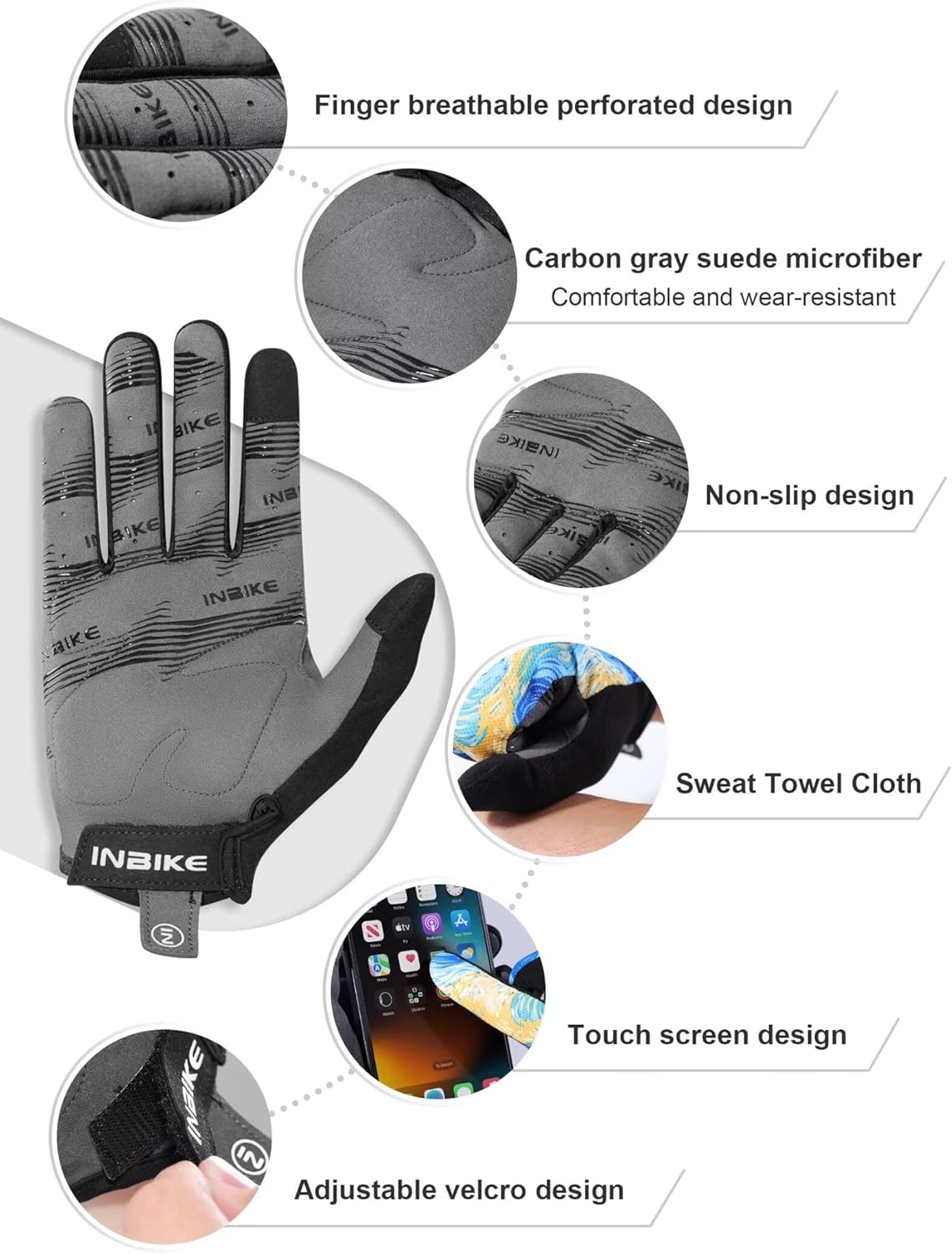 INBIKE Cycling Gloves for Men Women Full Finger Breathable Bike Gloves, Anti-Slip Touchscreen Biking Bicycle Road Running - Image 4