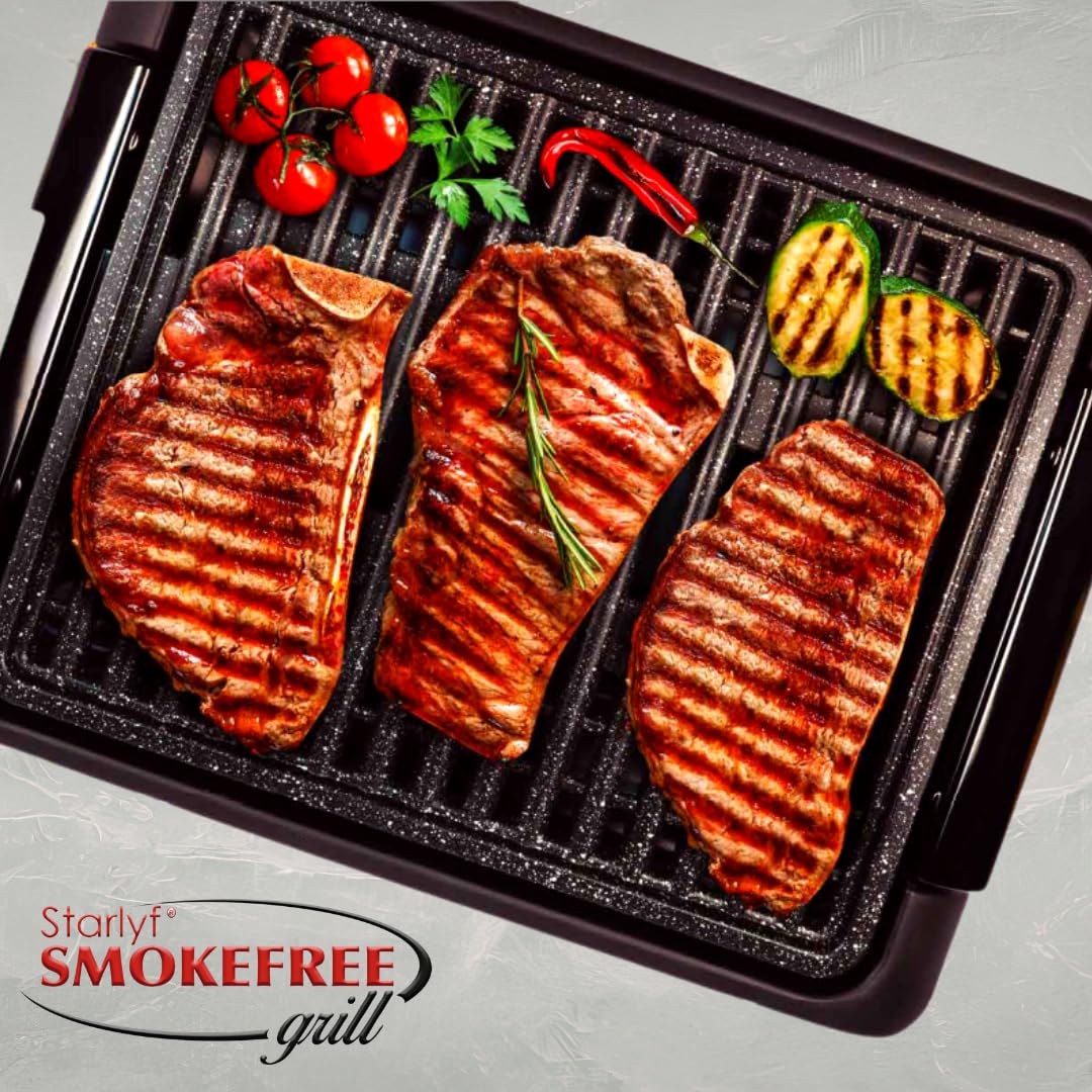 STARLYF Barbacoa eléctrica Smokefree Grill + Plancha - Barbacoa Eléctrica de 1250W, Parrilla Eléctrica Interior sin Humos ni Olores, Superficie Antiadherente y Cocción Uniforme, Color Negro