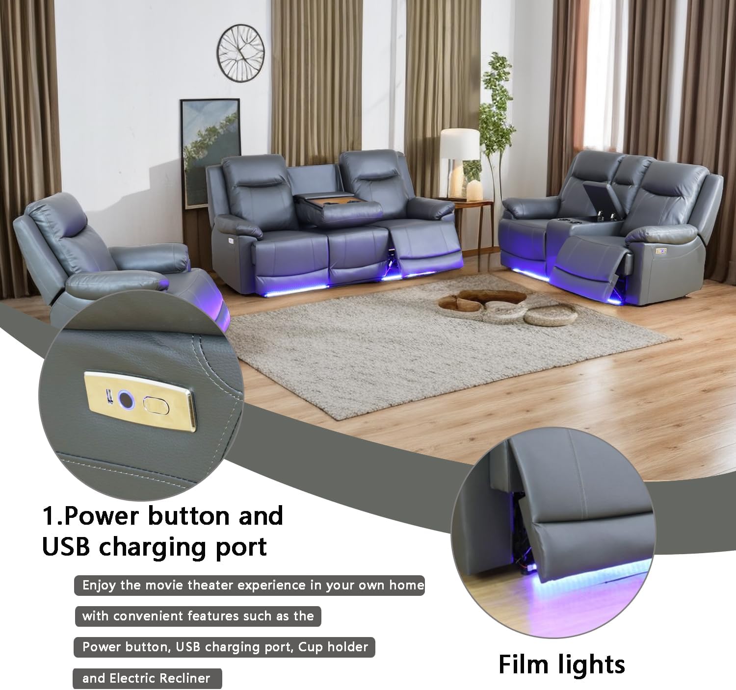 A Ainehome Power Leather Recliner Sofa Sets, 3 Pieces Living Room Furniture Sets with LED Lights, Power Reclining Sofa Set with USB Port for House/Office/Rv(B-Drak Grey, 3 Piece Set)