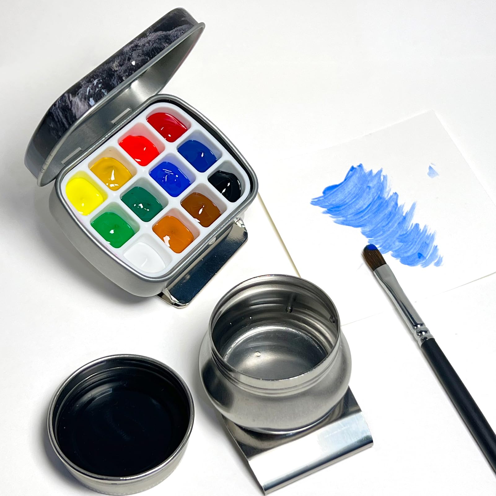 Paleta de pintura de viaje, mini paleta de acuarela vacía de 12 pozos, kit de acuarela portátil para artistas de viajes al aire libre con clip magnético y olla de agua