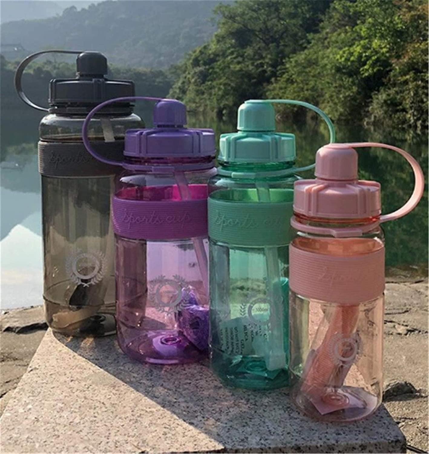 Wasserflasche mit großem Fassungsvermögen, praktische Fitness-Sportflasche, auslaufsicherer Wasserbecher mit großem Fassungsvermögen, Seilstrohhalm (Größe: 2000 ml, Farbe: Grün) (grün 2000 ml)