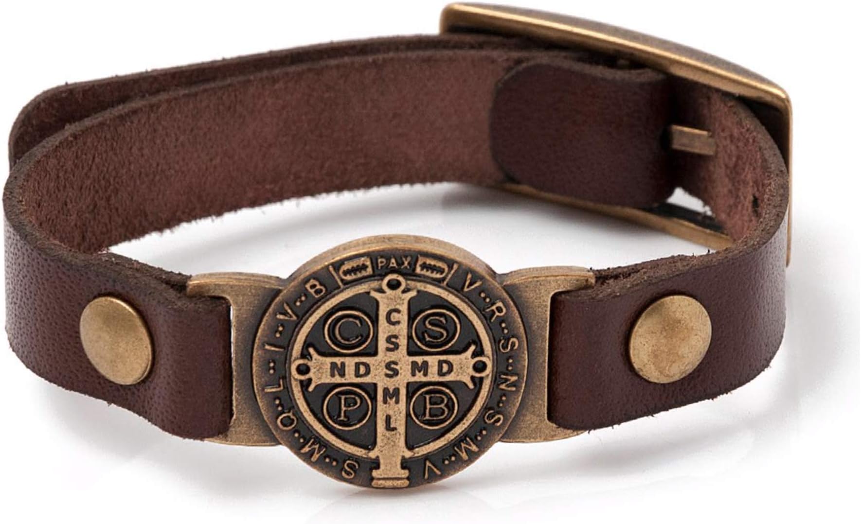 ™ St Benedict Genuine Leather Protection Bracelet - Made in Brazil (Medium - Brown)