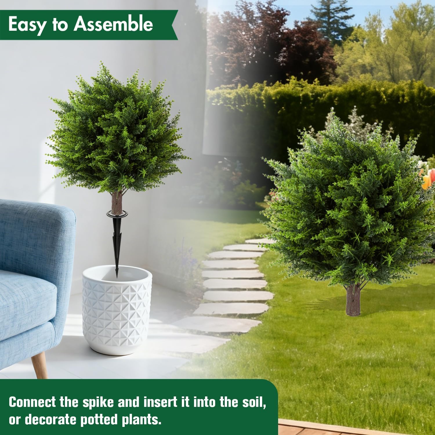 Artificial Cypress Topiary Ball, Faux Set of 2 Cedar Trees UV Resistant with Ground Spike, Fake Evergreen Shrubs Bushes Plants for Outdoor Front Porch Decor