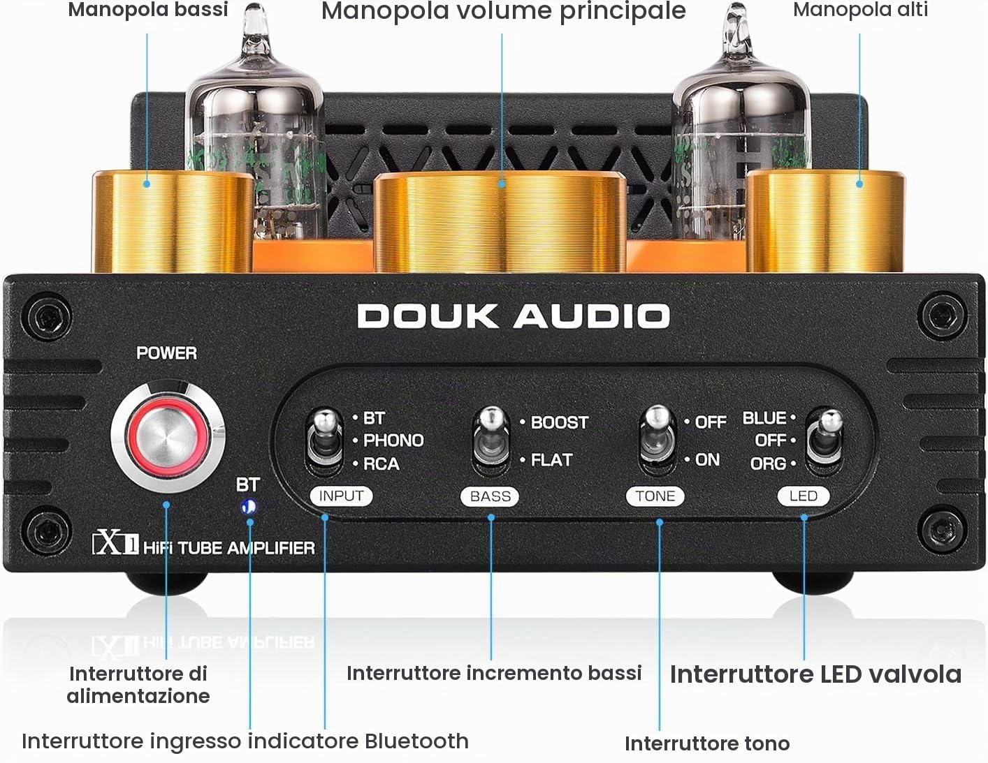 Douk Audio X1 amplificatore a valvole, amplificatore HiFi Bluetooth 5.0, amplificatore audio stereo a valvole GE5654, amplificatore phono MM, 160Wx2 chip TDA7498E, manopola di controllo acuti e bassi