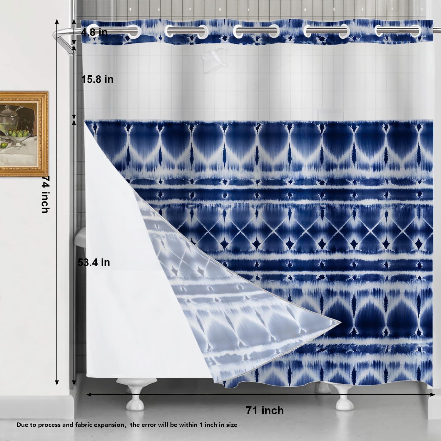 Shrahala Abstract Indigo Art Navy Blue No Hooks Shower Curtain Snap in Liner Set, Navy Indigo Blue Indigo Dye Abstract Tie Dye Striped Bathroom Décor Fiber Waterproof for Stall Bathtubs 71 X 74 in