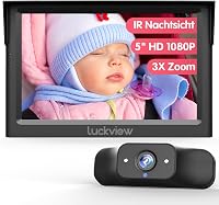 LUCKVIEW Baba Autós Tükör 5 Hüvelykes 1080P HD Kijelzővel, Éjjellátó Kamerával, 3X Zoom, 360° Forgatható Hátsó Ülés Monitor 1
