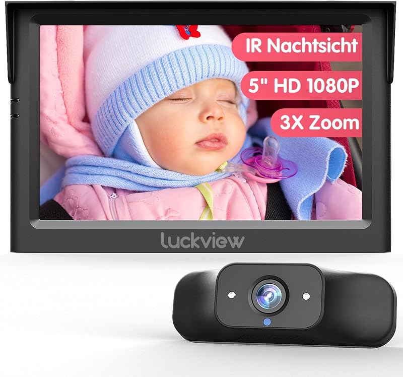 LUCKVIEW Baba Autós Tükör 5 Hüvelykes 1080P HD Kijelzővel, Éjjellátó Kamerával, 3X Zoom, 360° Forgatható Hátsó Ülés Monitor