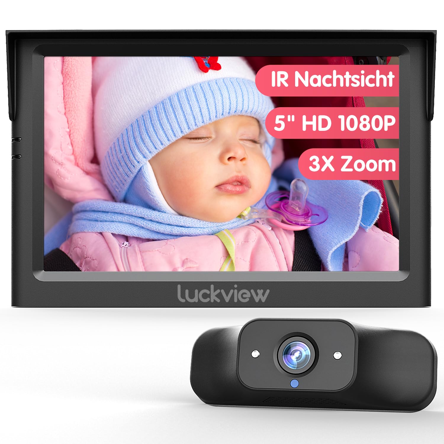 Luckview Baby Auto Spiegel mit 5" 1080P HD Bildschirm und IR Nachtsicht, Baby Kamera Auto Rücksitz mit 3X Zoom, 360° Drehbar, Einfache Installation Rücksitzkamera Display