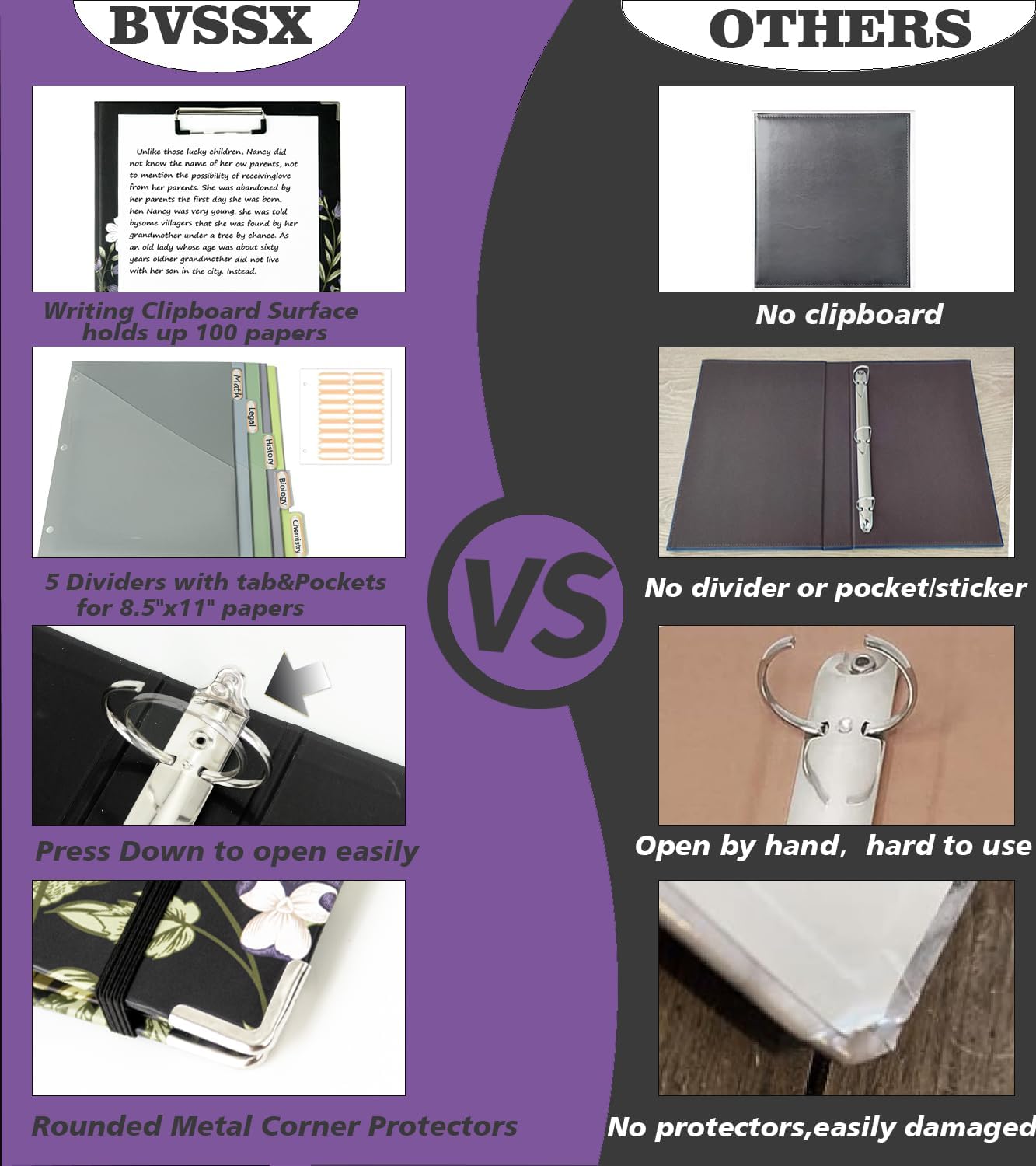 3 Ring Binder 2 Inch for 8.5"x11" Paper, Three Ring Binders with Clipboard, 5 Dividers with Tabs and Pockets, Plastic Folder, 18 Divider Stikers,Decorative Black Binder with Pen Holder,Weeds