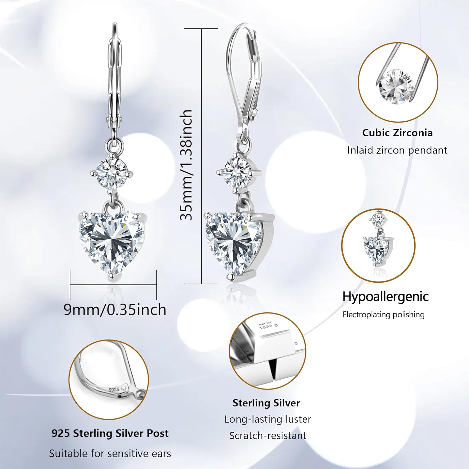 925 Sterling Silver Heart Dangle Earrings for Women, Silver Dangling Drop Halo Hearts Shaped Earring Dangly Cubic Zirconia Leverback Earring Valentine Trendy Earrings - Image 6