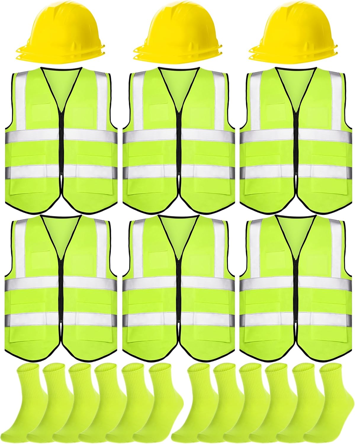 Hillban 18 Pcs Construction Worker Costumes Adult Neon Reflective Construction Vests Hard Hats Socks for Birthday Theme Party