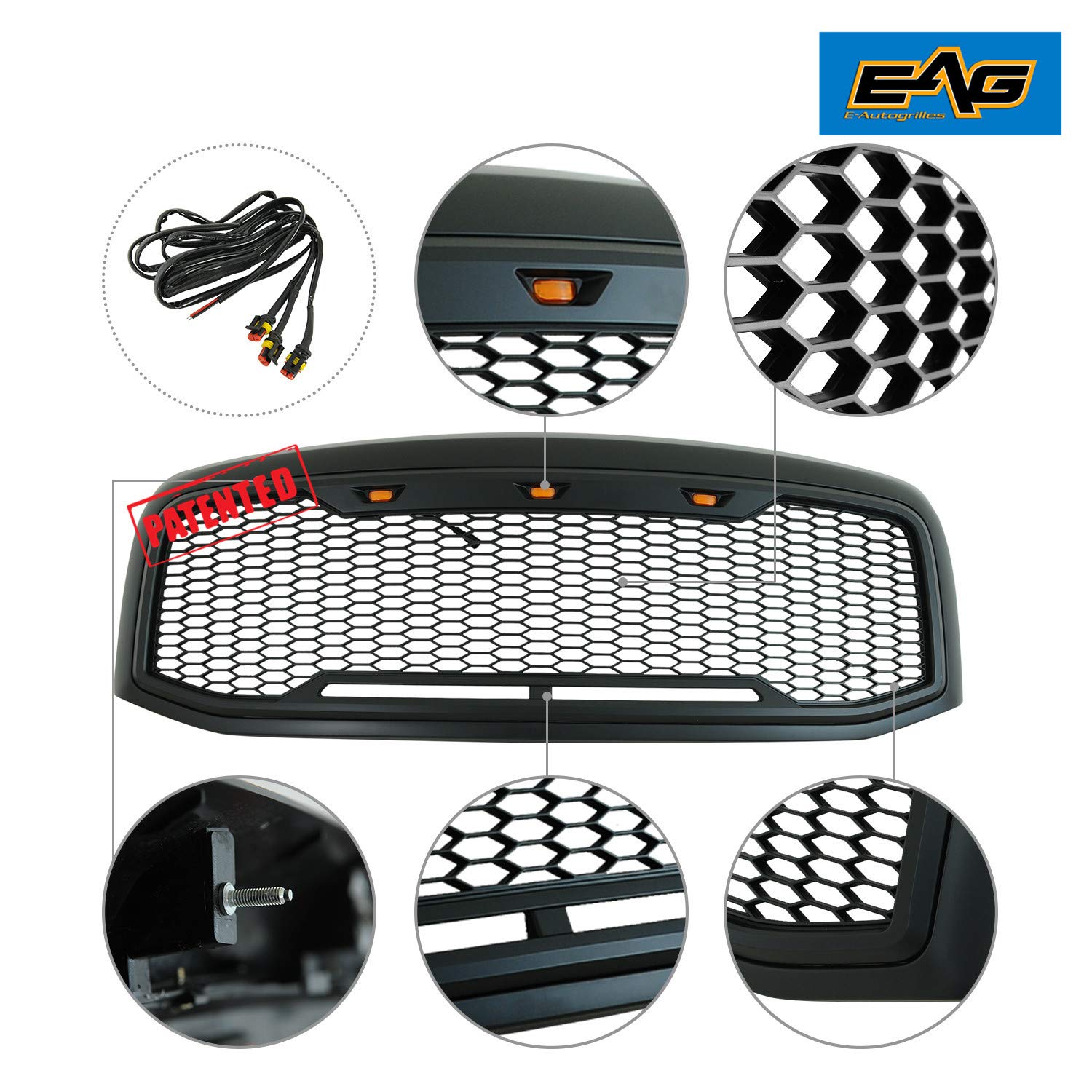 Black Stainless Steel Mesh Grille Insert With LED Lights For 2006-2008 Dodge Ram 1500/2500/3500