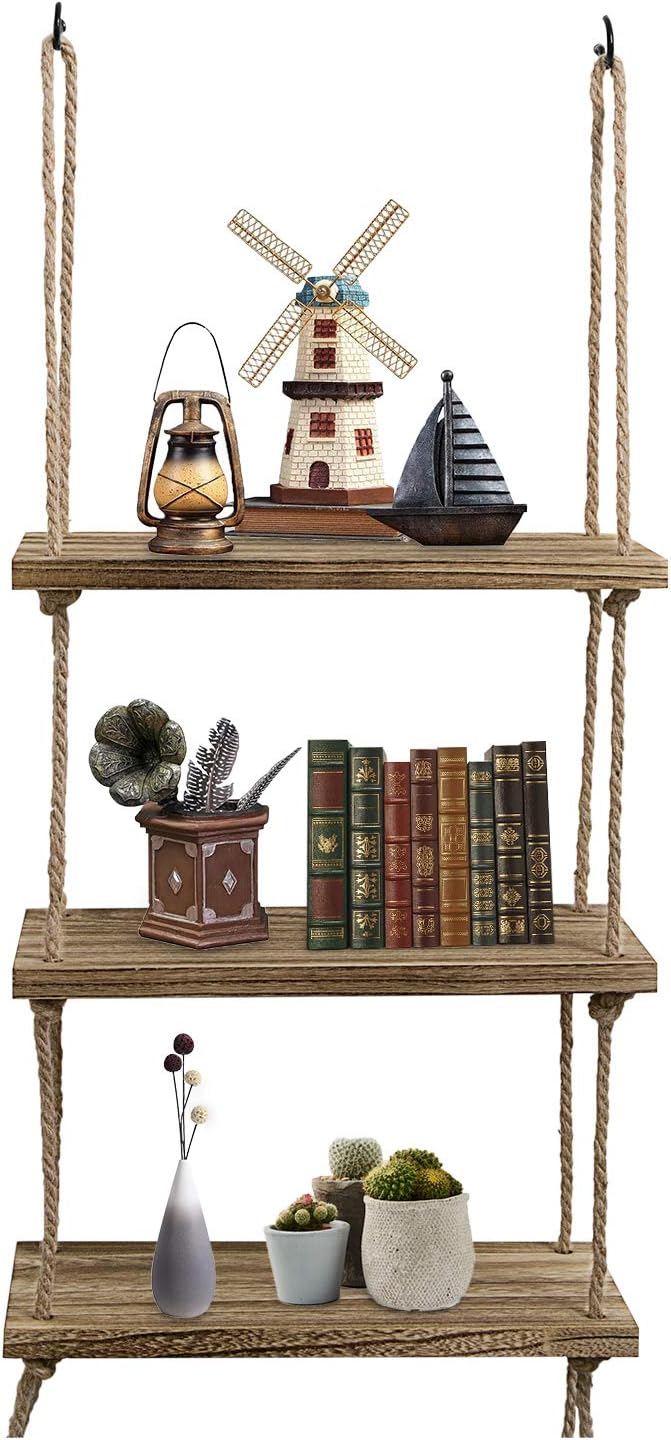 Oyydecor Wall Hanging Shelf, 3 Tier Distressed Wood Swing Storage Shelves Jute Rope Organizer Rack, Rustic Home Wall Decor (Natural)