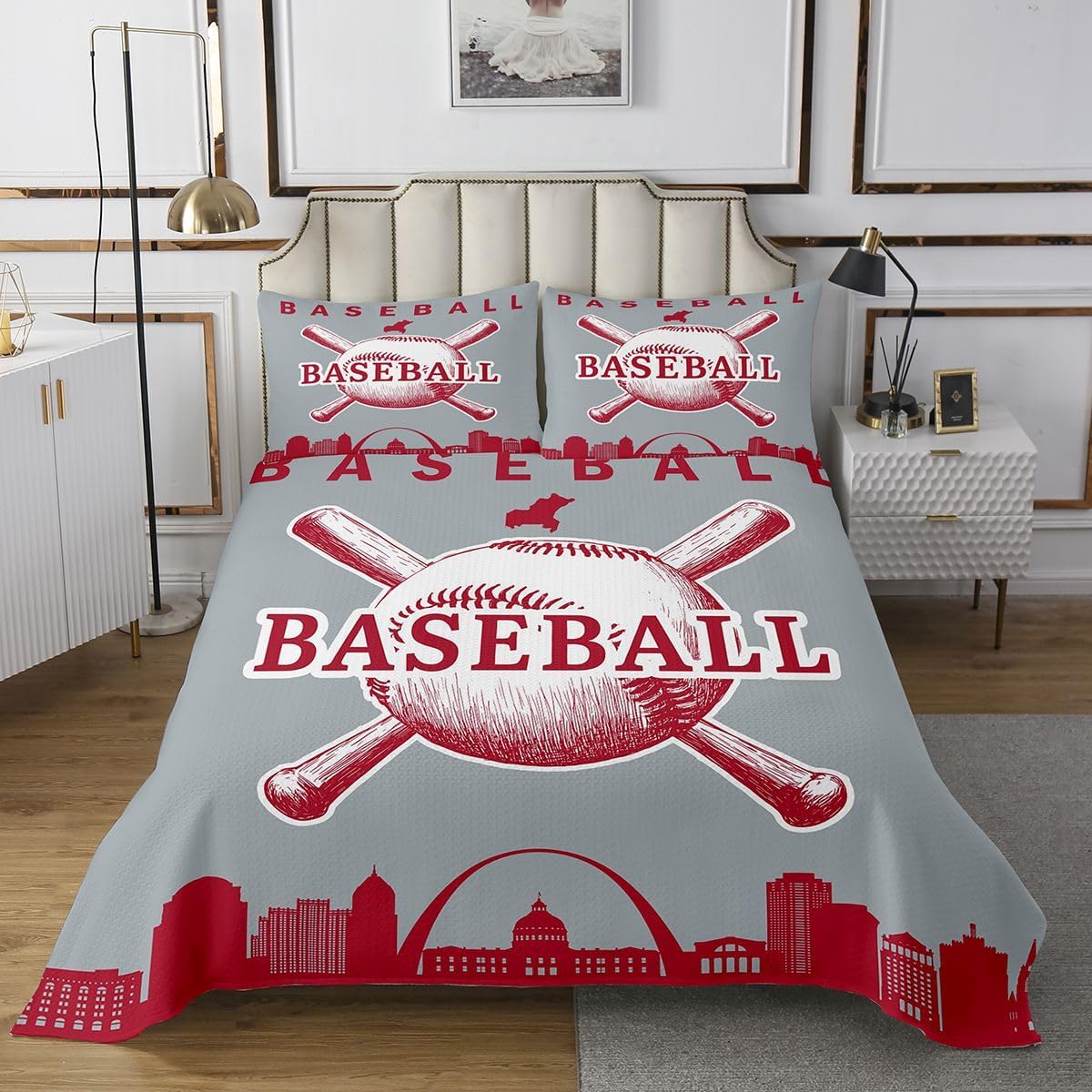 Erosebridal Baseball Coverlet Set Softball Quilt Set King Size Baseball City Bedspread Sets Sports Games Bedding Set for Boys Teens Bedroom Decor, Gray Red
