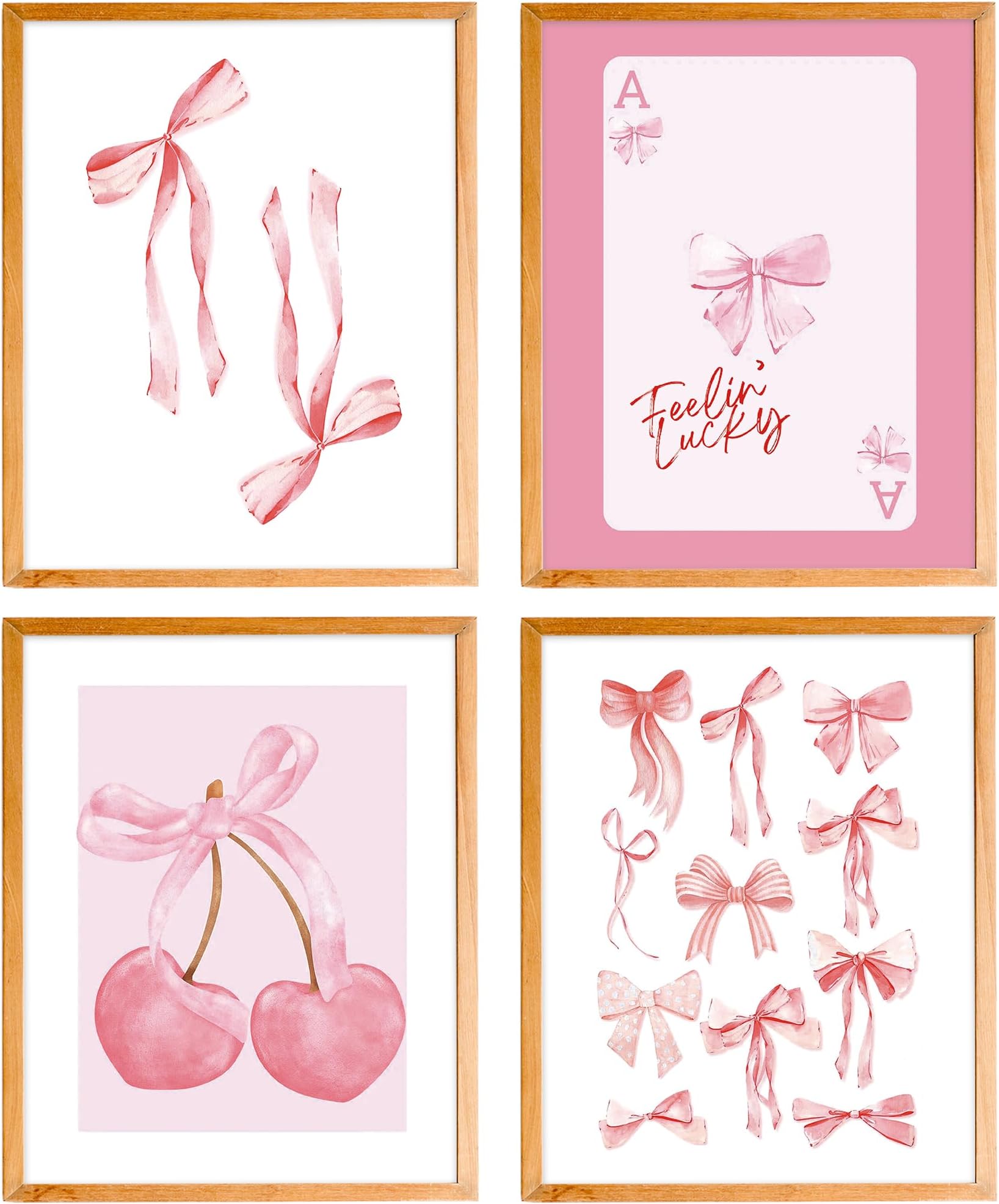 BearCake Coquette Wall Decor, pink Preppy Coquette Bow Cherry Posters Wall Art Prints for Girls Bedroom Dorm Decor, Coquette Room Decor, Preppy Room Decor Aesthetic, 8x10 Inches Set of 4 Unframed
