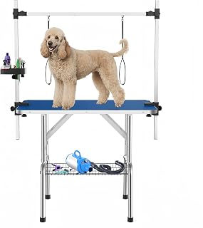 46 Inch Stainless Steel Dog Grooming Table, Foldable Pet Grooming Stand with Adjustable Arm, 2 Nooses & 2 Storage Baskets, Anti-Slip Top for Medium Large Dog Home Grooming Salon Use, Blue