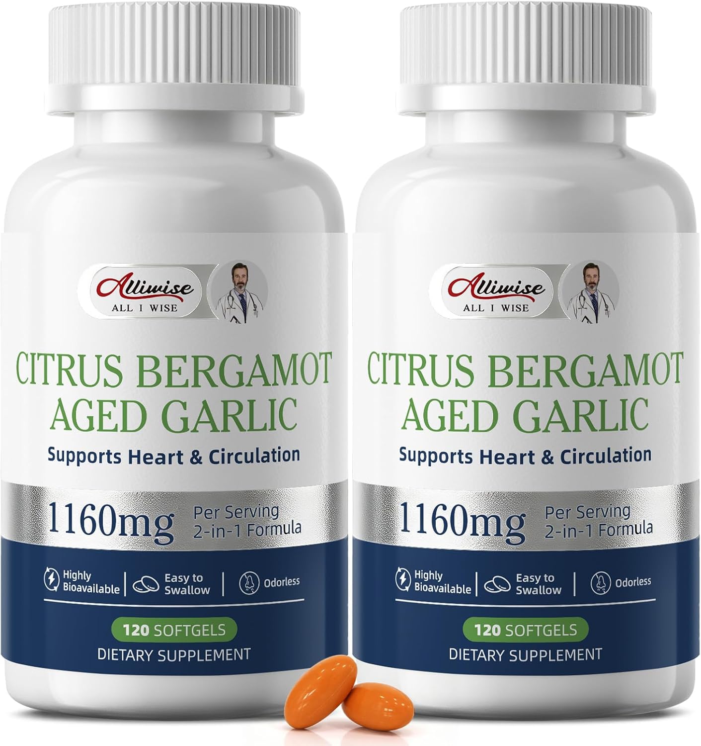 2Pack 1160mg Aged Black Garlic Extract & Citrus Bergamot, Odorless Softgels | 2-in-1 Heart & Circulation Health, Cholesterol Support Supplement, 80% Polyphenols Bergamot, Fermented Garlic, 240 Gelcaps