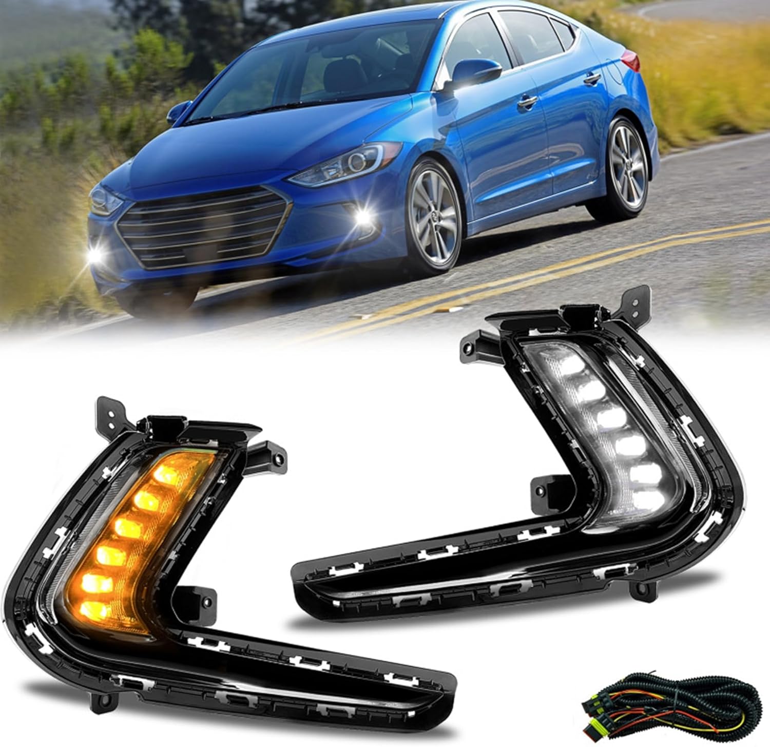 LED Fog Lights with DRL Compatible With 2017-2018 Hyundai Elantra | Driving Fog Lamps Assembly with Turn Signal Lights & Wiring Harness |92207-F2100 92208-F2100