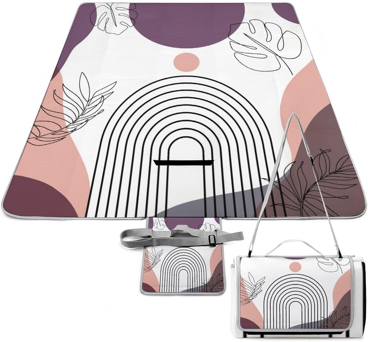 Abstract Mid Century Art PortableAnd Extra Large Picnic & Outdoor Blanket Vintage Modern Bohemia Art Leaves Arches Print for Outdoor Beach Hiking Camping on Grass Waterproof Sandproof 58.3x58.3 Inch