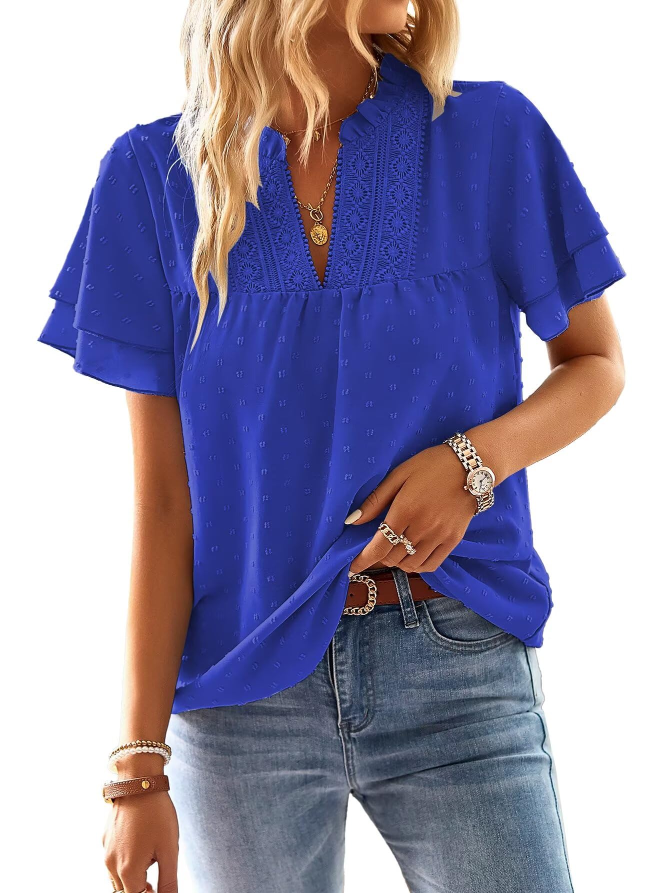 TUUHAW Tunika Damen Sommer Boho Bluse Kurzarm Top Oberteile Fließend Spitze Rüschen Süß Elegant V Ausschnitt T Shirt Lässig Outfits Frühling Spitze Herbst Lässige Kleidung Saphirblau XL