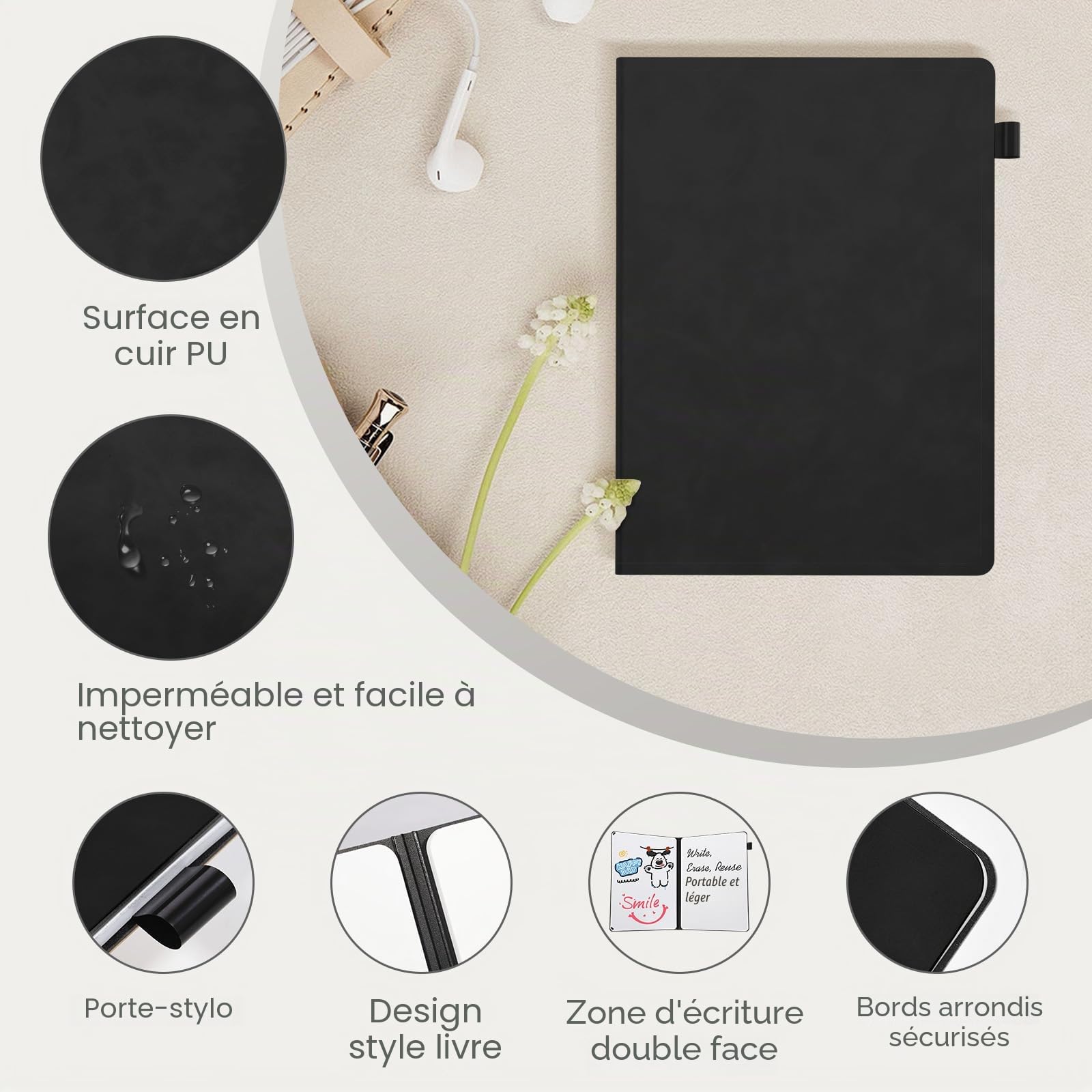 AGM Mini tableau blanc effaçable à sec A4, 30 x 21,5 cm, tableau blanc double face avec 3 stylos de couleur, 1 gomme, 1 sac en maille, tableau d'écriture portable pour étudier, réunions, prise de
