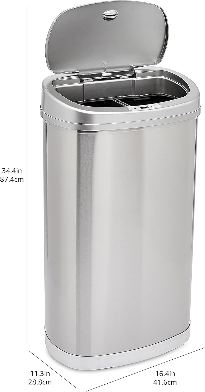 Amazon Basics Automatic Hands-Free Stainless Steel Rectangular Trash Can, 50 Liters, 2 Bins