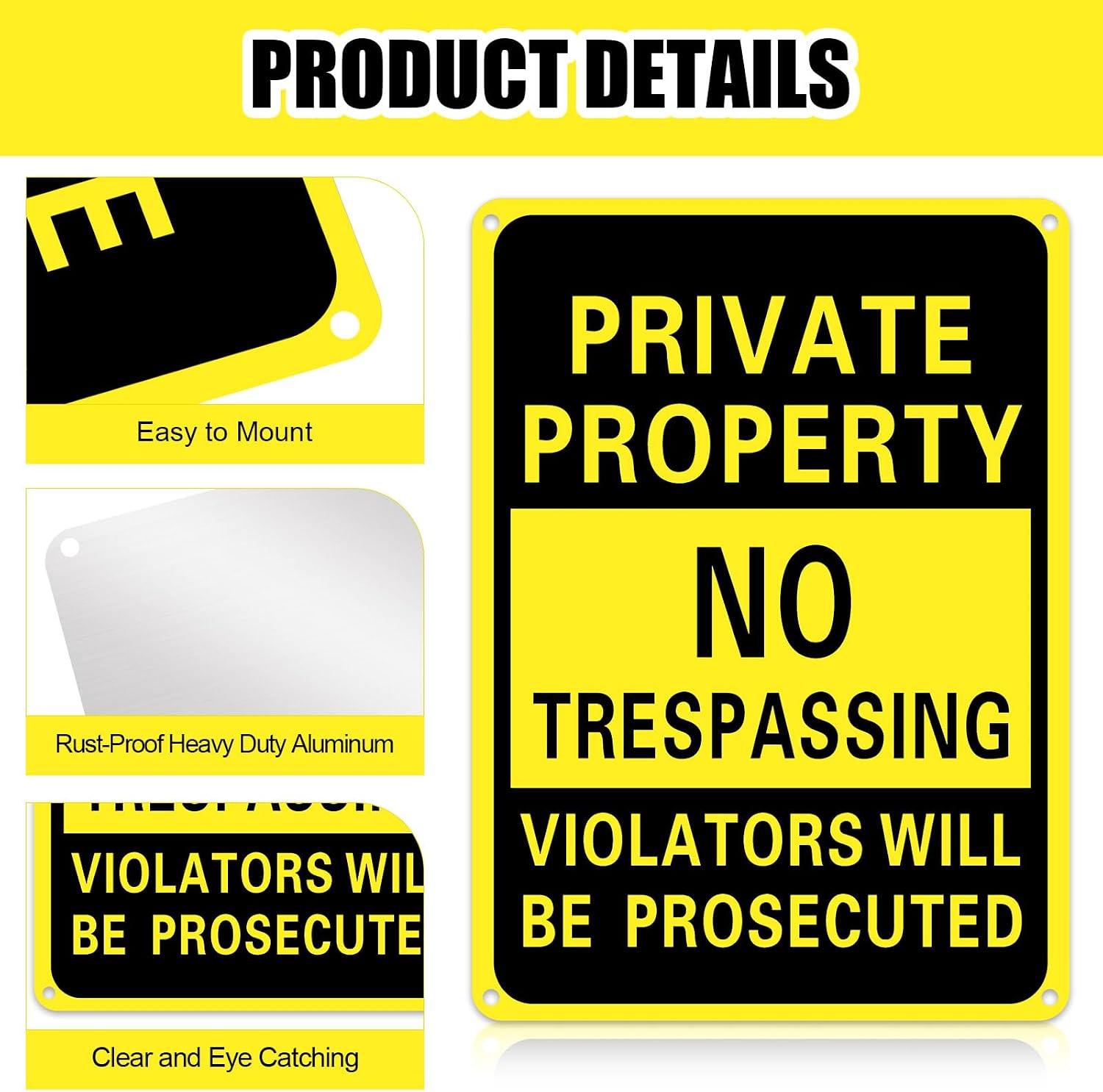 Yaocom 100 Pcs Private Property No Trespassing Sign 7 x 10 Inch Metal Violators Will Be Prosecuted Signs Bulk Aluminum Weatherproof for Indoor or Outdoor(Yellow)