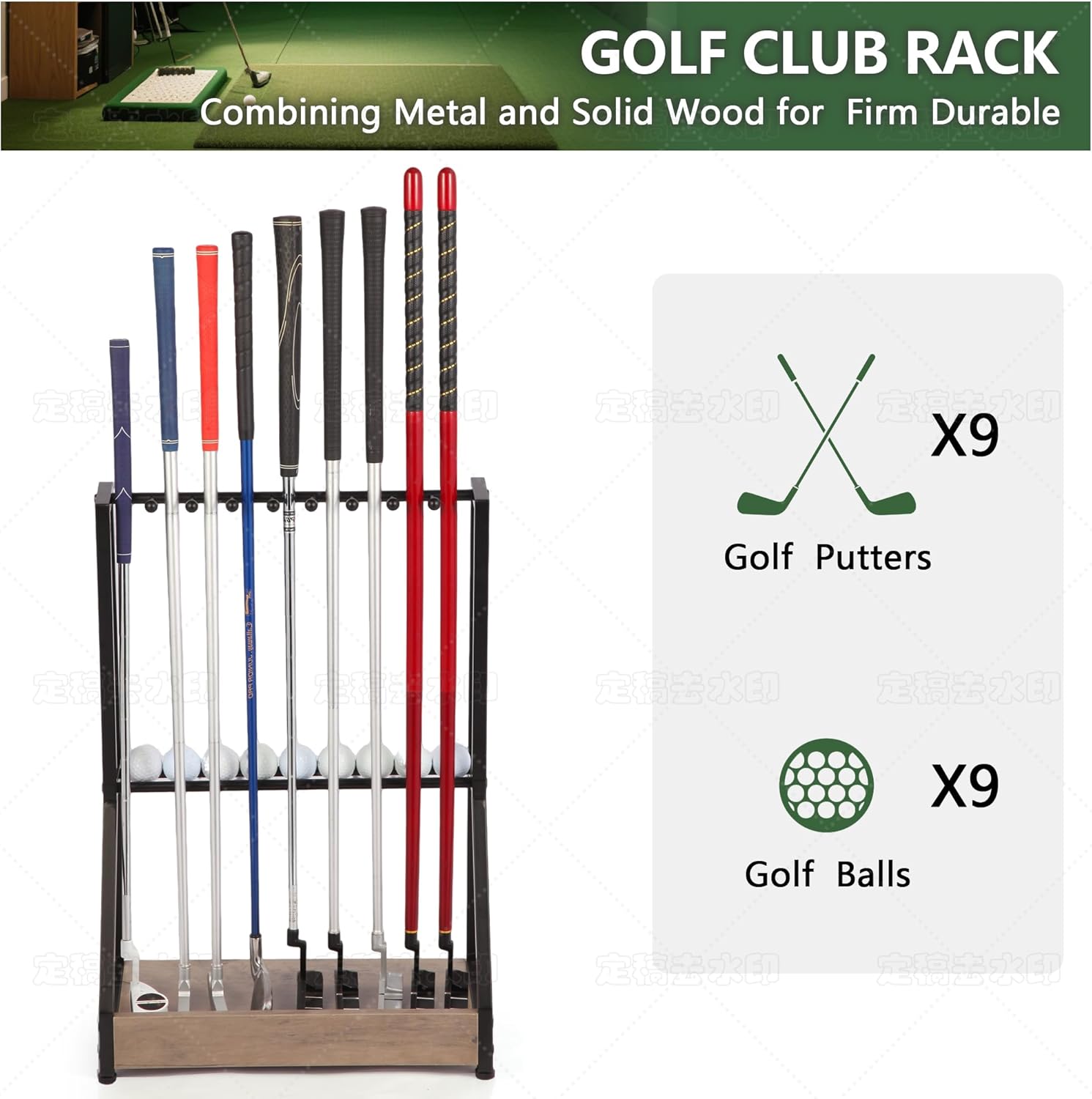Golf Putter Holder for 9 Clubs & 9 Balls, Solid Wood & Iron Golf Club Rack, Golf Club Organizer Floor Stand, Golf Club Stand | Rustic Modern Design for Home, Golf Course Accessories