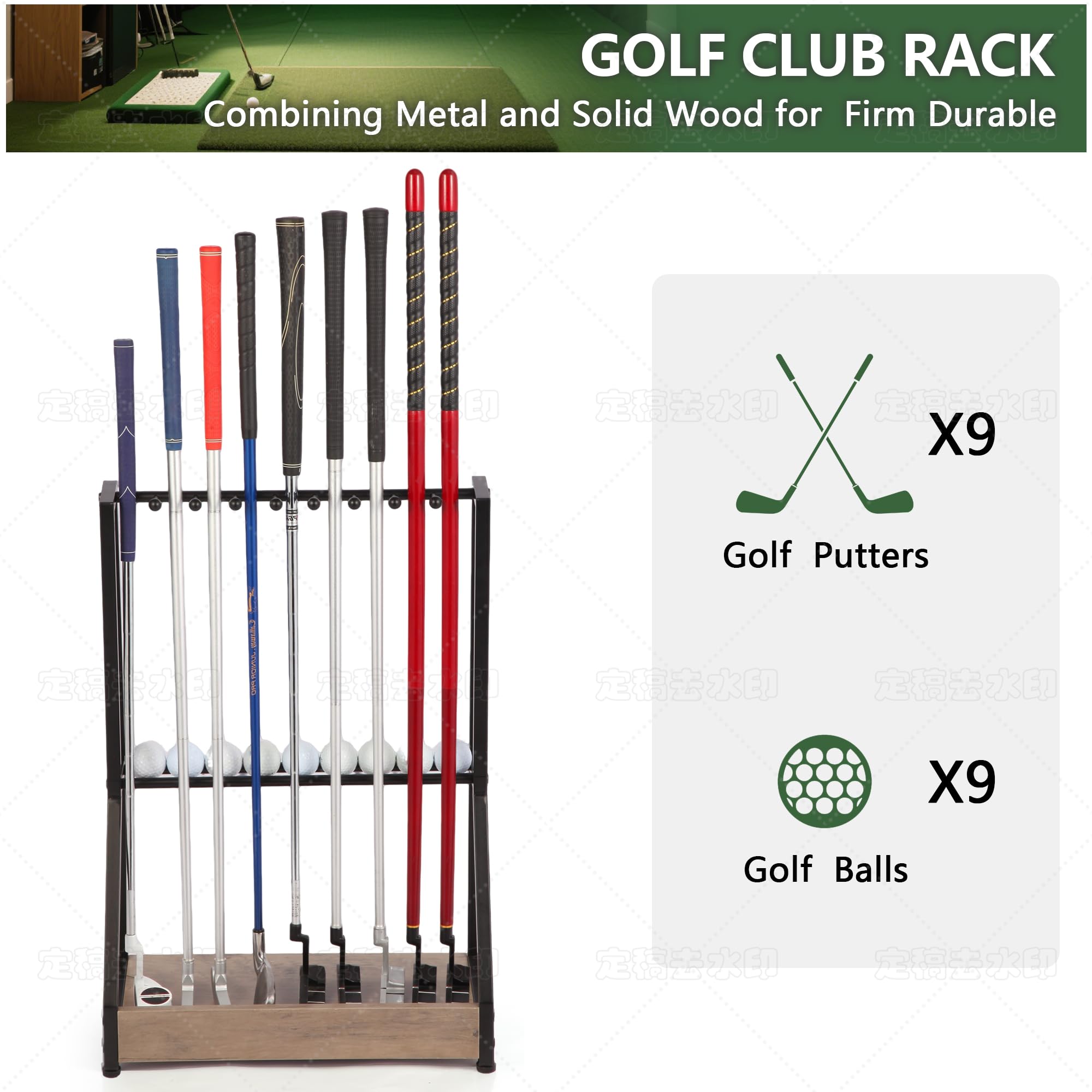 Golfschlägerhalter für 9 Schläger & 9 Bälle, Massivholz & Eisen, Golf-Putterhalter, Bodenständer, Golfschlägerständer, geeignet für Golfsimulatoren, Golfplatzzubehör