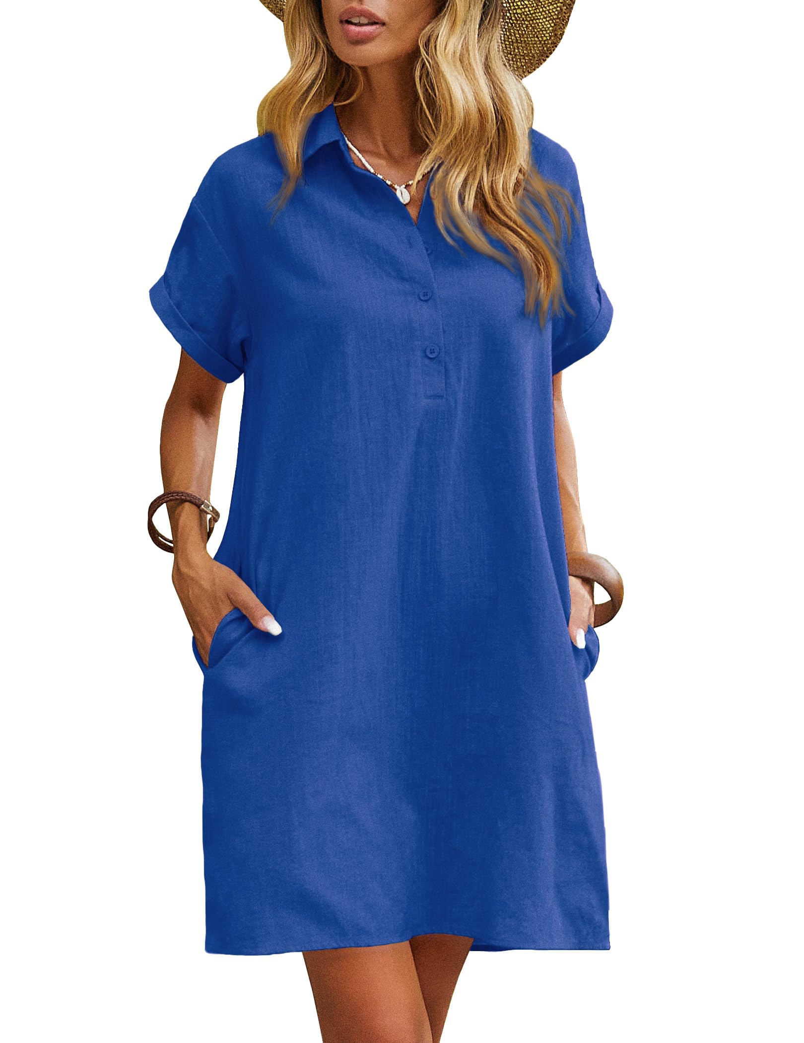 Zeagoo Women's Summer 100% Cotton Linen Dress Casual Short Sleeve Beach Dresses Tunic Dress with Pockets — view 10