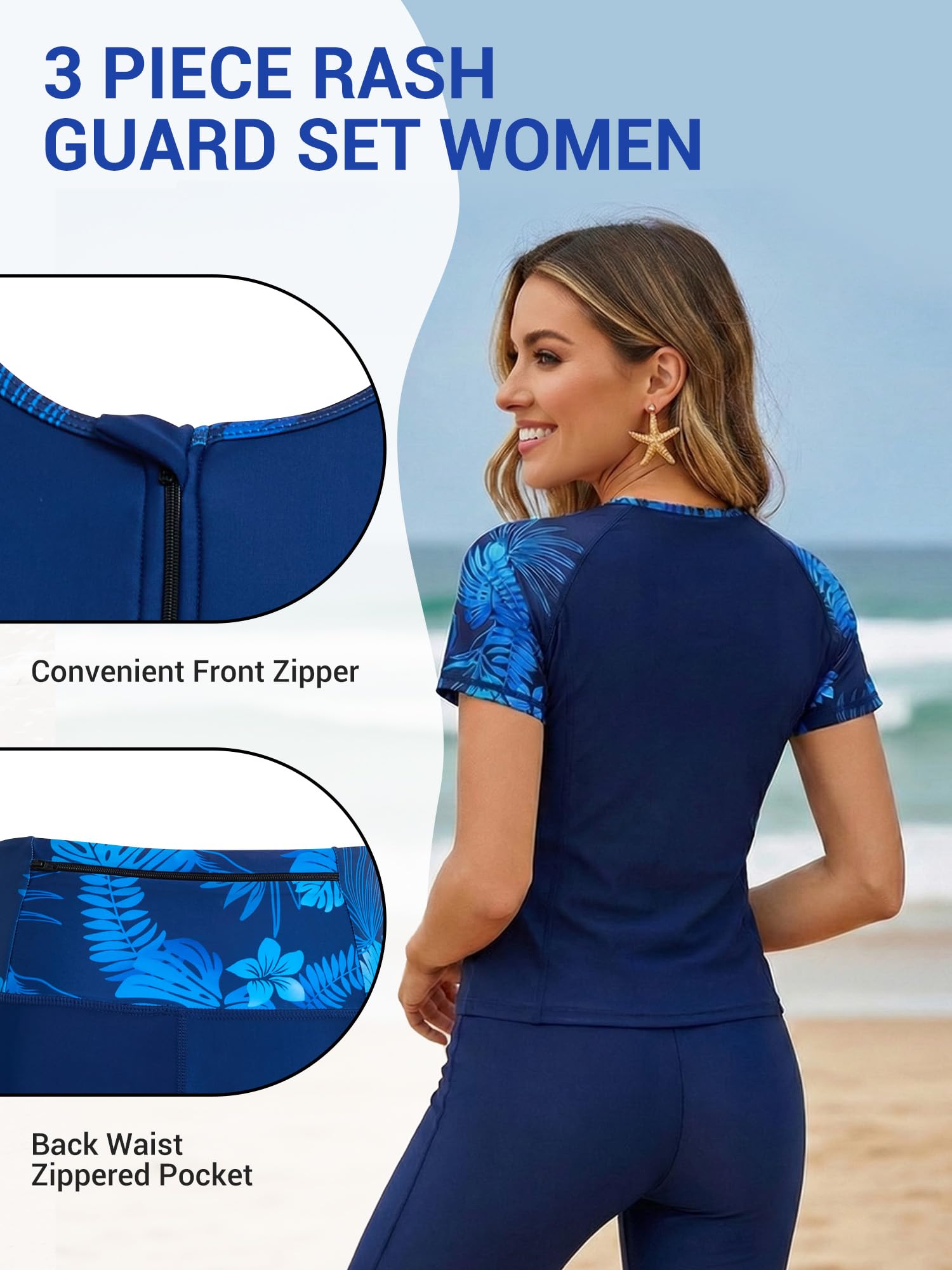 Owntop UV Rashguard Set Damen 3-teilig – Kurzarm Schwimmshirt mit Tanktop & Badehose, Schnelltrocknende Swimwear mit UV Schutz für Strand Schwimmen Wassersport