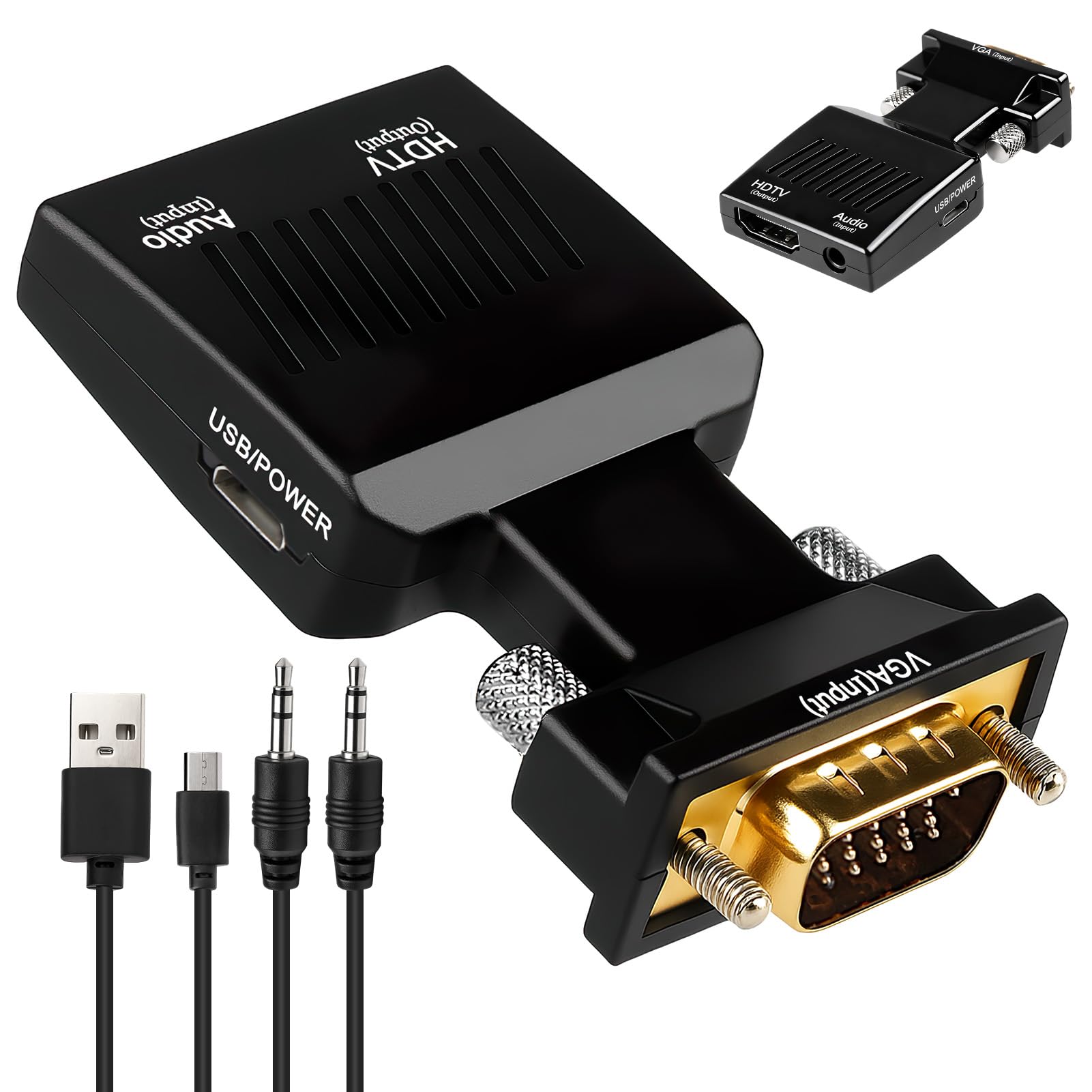 Adaptateur VGA vers HDMI 1080P Convertisseur Mâle vers Femelle 60Hz avec Câble 3,5 mm et Alimentation pour PC vers TV
