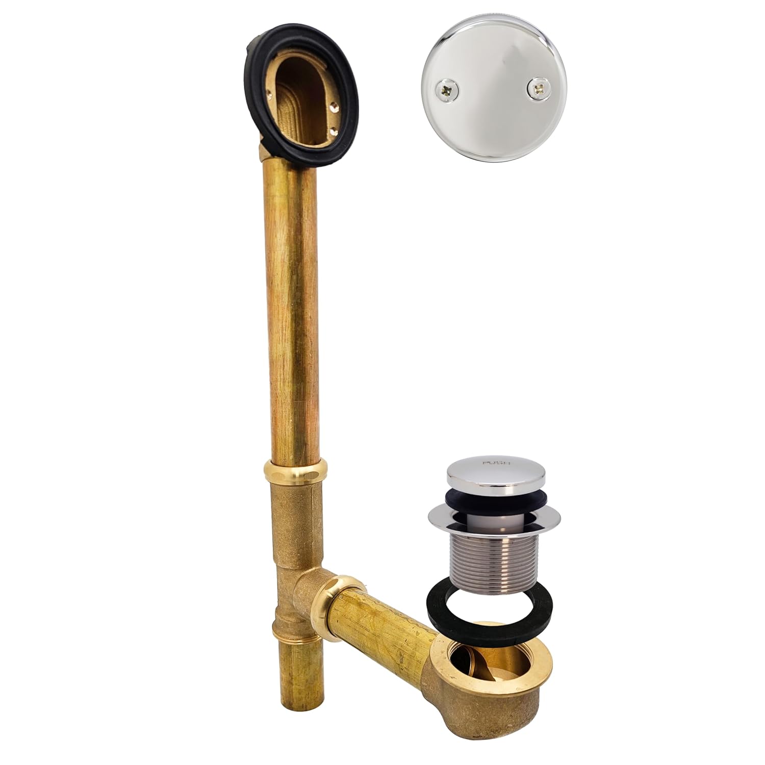 Westbrass 14" 17 Gauge Brass Tip-Toe Drain Bath Waste and Overflow with 2-Hole Faceplate, Polished Chrome, D325-26