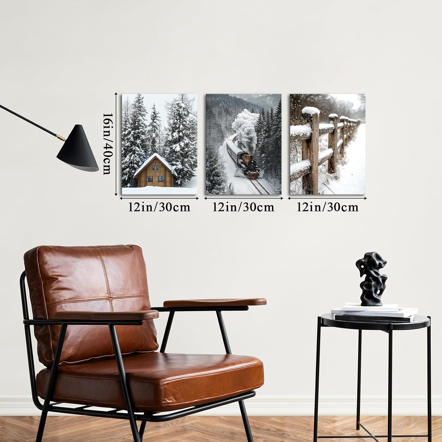 LyerArtork 3 Panel Farmhouse Wall Art Canvas Prints Winter Landscape Barn Snow Train Wood Picture Country Art Snowscape Wall Decor for Bedroom Living Room 12x16inchx3