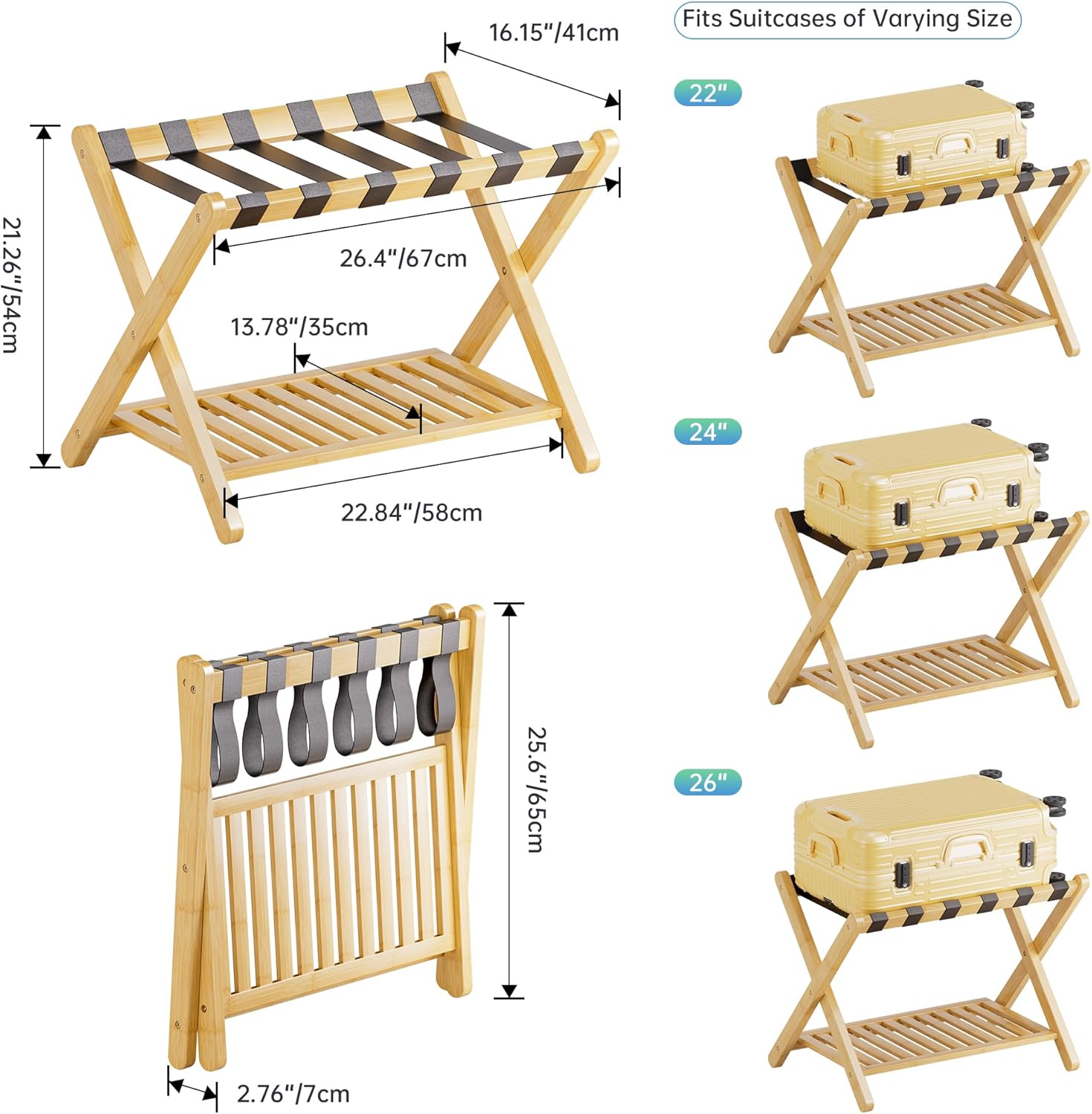 SMIBUY Luggage Rack, Foldable Bamboo Suitcase Stand with Storage Shelf for Guest Room, Bedroom, Hotel, Heavy-Duty, 1 Pack (Natural)