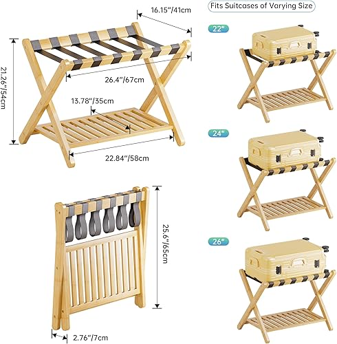 Miniatura 4 de SMIBUY Portaequipajes, soporte plegable de bambú para maleta con estante de almacenamiento para habitación de invitados, dormitorio, hotel, Natural