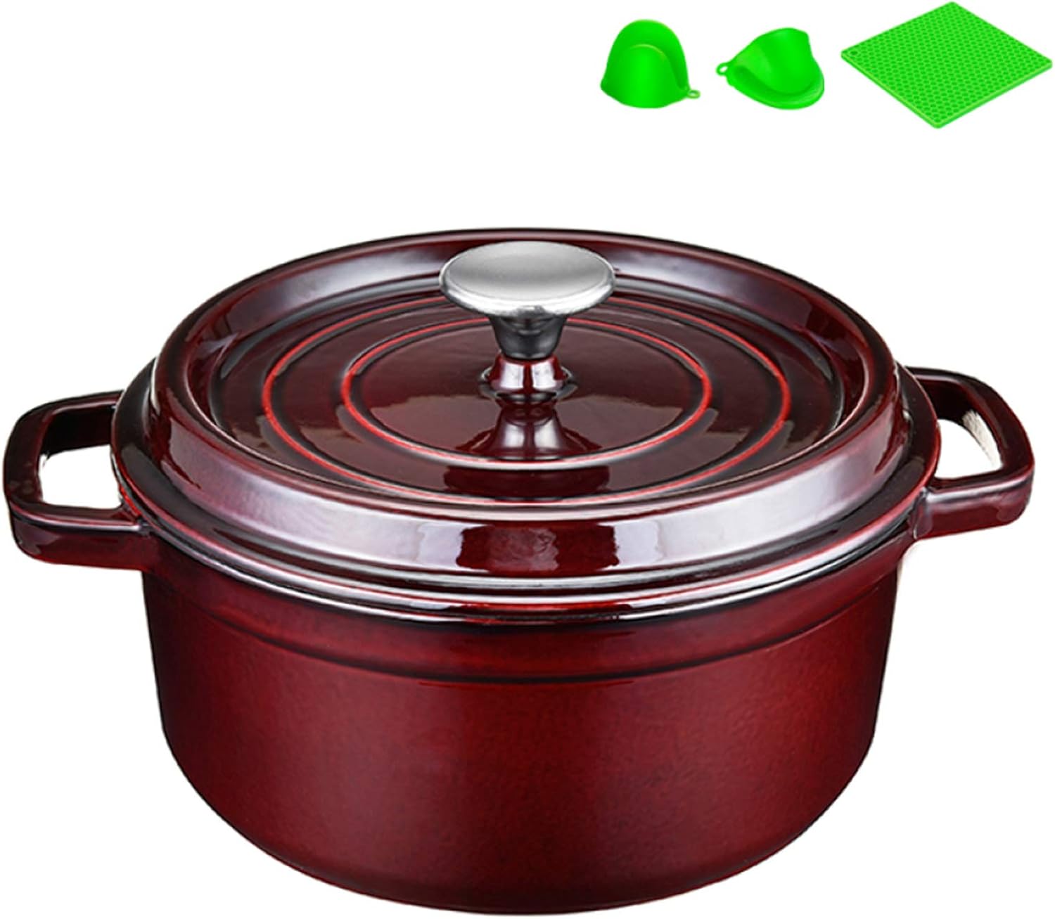 ふた付き、調理器具鋳鉄鍋焦げ付き防止、多機能エナメル鋳鉄鍋、キャセロール鍋フライパン、火傷防止シリコンツール付き、黒-26cm（26