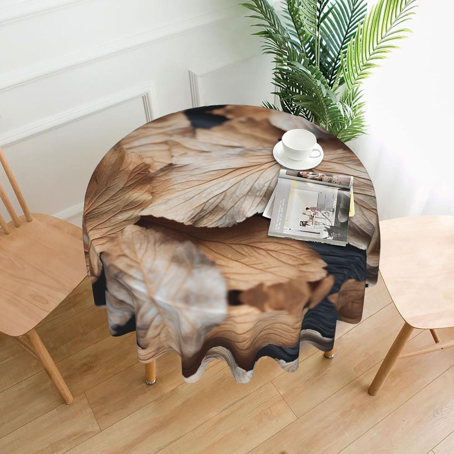 Leaves Floral on Rustic Wood Print Wrinkle Free Dining Table Cover for Birthday Party Farmhouse Tablecloths Up to 60 x 60 Inches