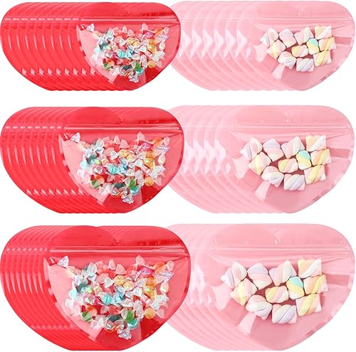 Yexiya 50 bolsas de regalo de San Valentín, bolsas de regalo en forma de corazón, de plástico, para golosinas, contenedores resellables de embalaje