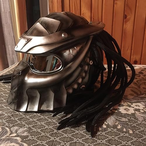 Miniatura 4 de Predator Casco de motocicleta con máscara facial integral con trenza de cabello y luz LED para conducción al aire libre, certificado DOT