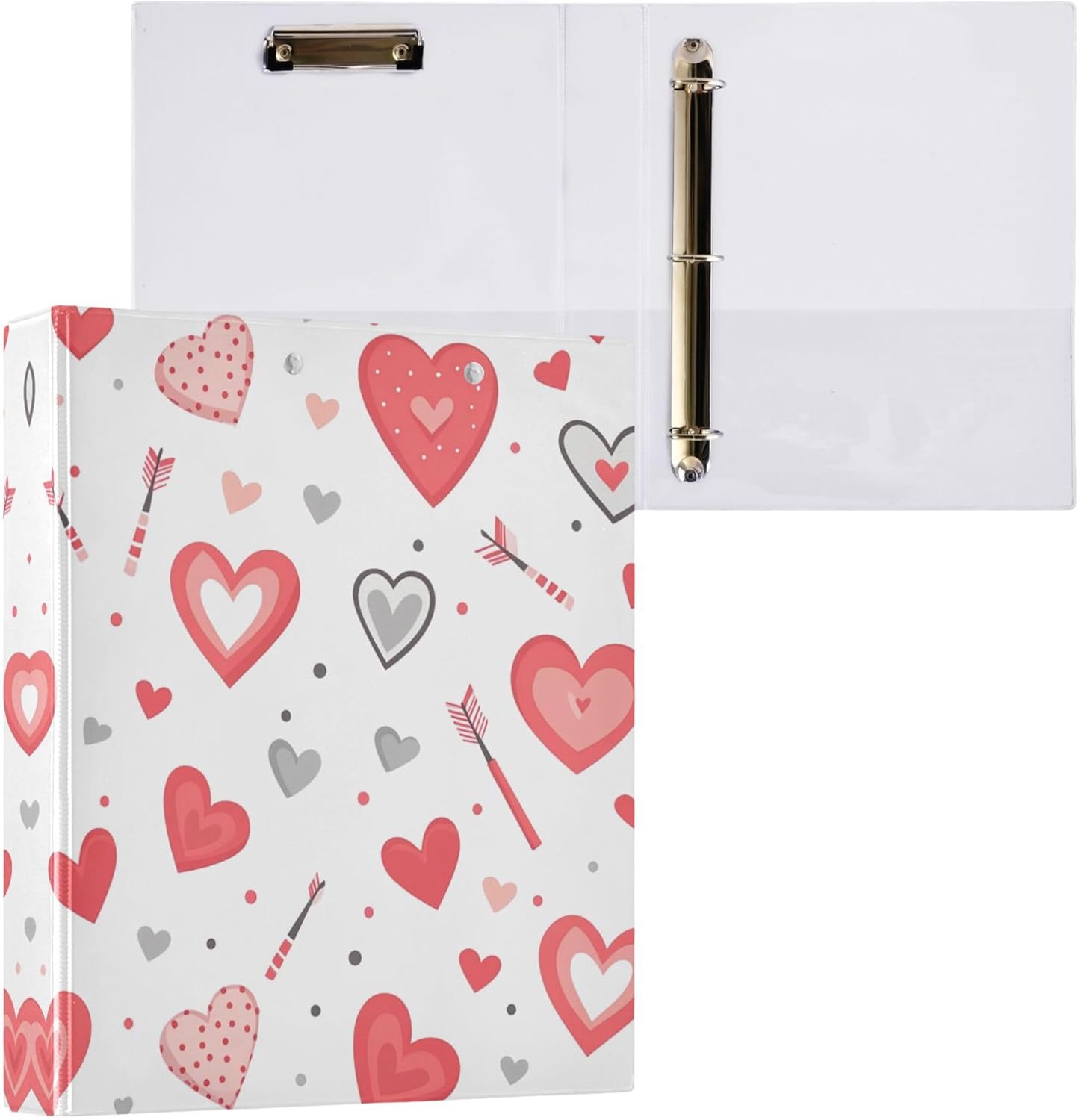 Heart Valentine's Day 3 Ring Binders, 1.5” Round Ring Binders with Clipboard - Letter Size, 3 Interior PVC Clear Pockets & Anti-Slip Clip for Office School Supplies, 2PCS