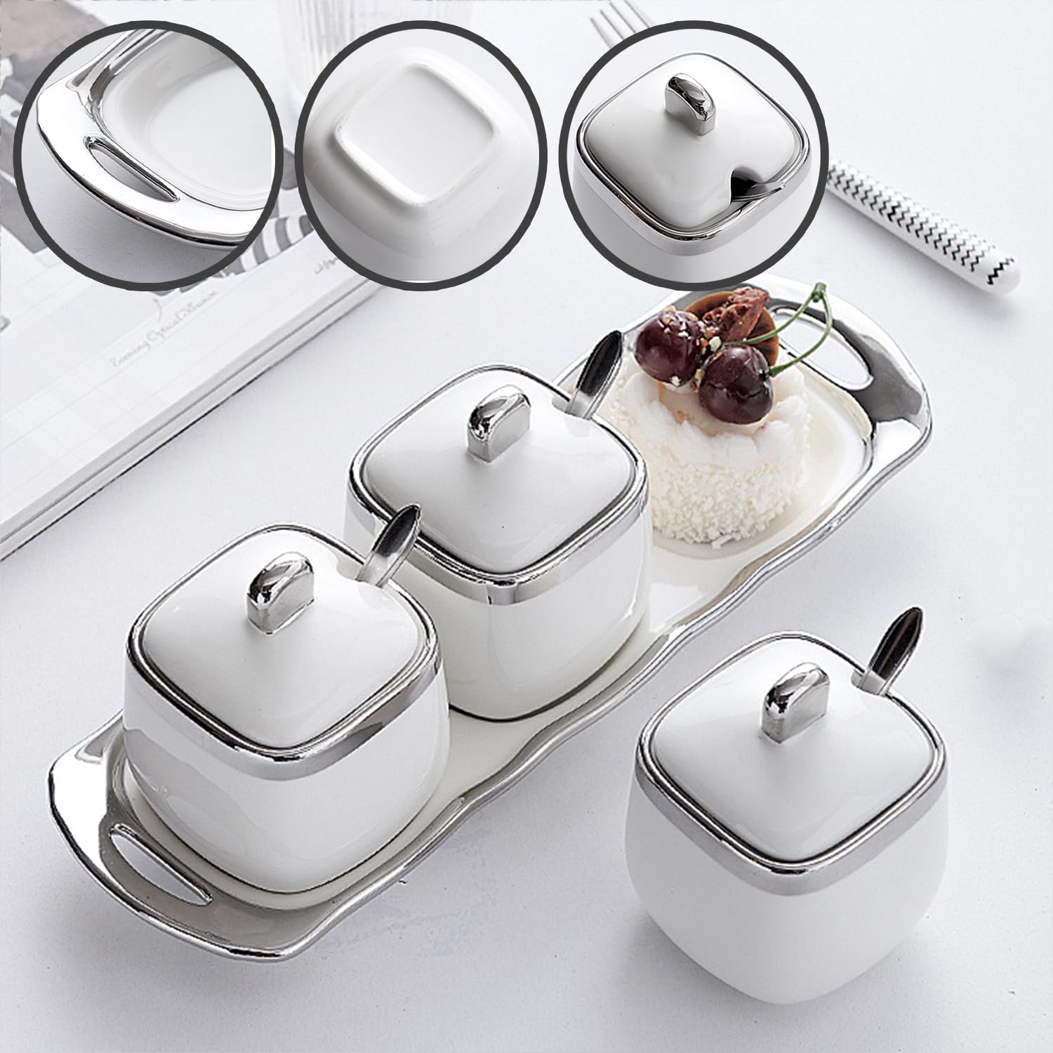 Azucarero con tapa y cuchara, juego de 3 tarros de almacenamiento de 350 ml, contenedor de azúcar, tarro de azúcar, azucarero (negro)