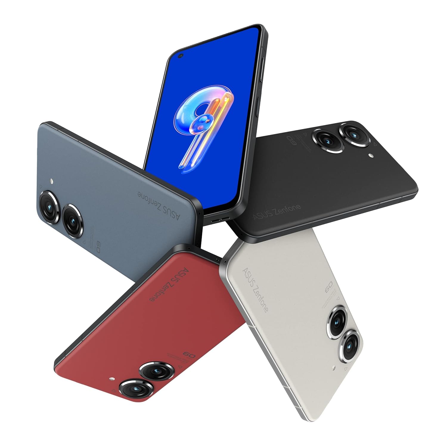 ASUS Zenfone 9 5G in multiple colors, showing different angles.