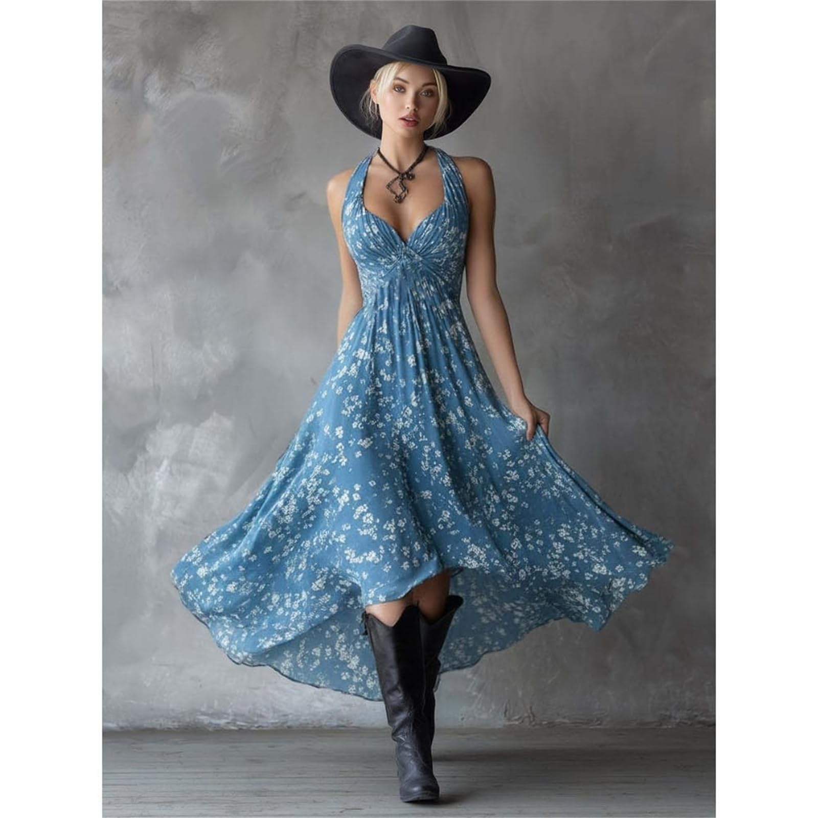 Vestido de verano con cuello halter floral para mujer, vestido de verano acampanado con vuelo, vacaciones, playa, uso diario, fiestas, viajes, casual