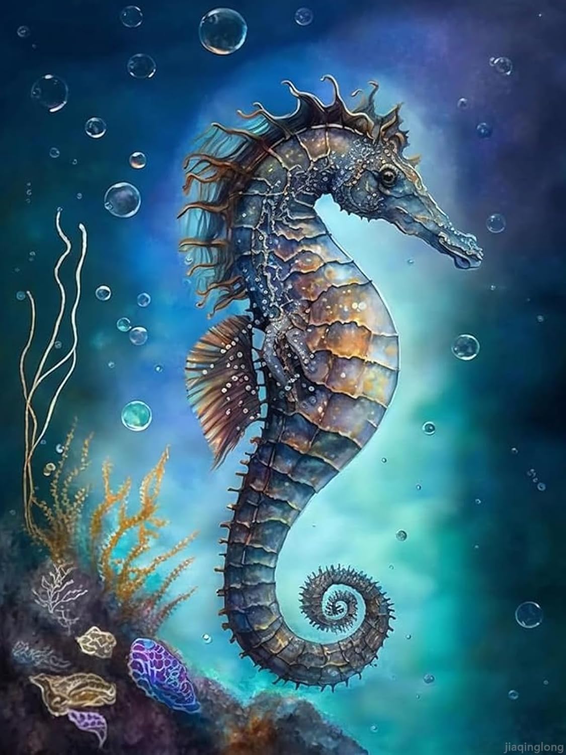 jiaqinglong Adult Beginner 5D Diamond Painting Kits, Ocean Seahorse Diamond Painting Crystal Cross Stitch Painted Crafts, Room Decor, Gifts for Family 12x16 inch, Colourful
