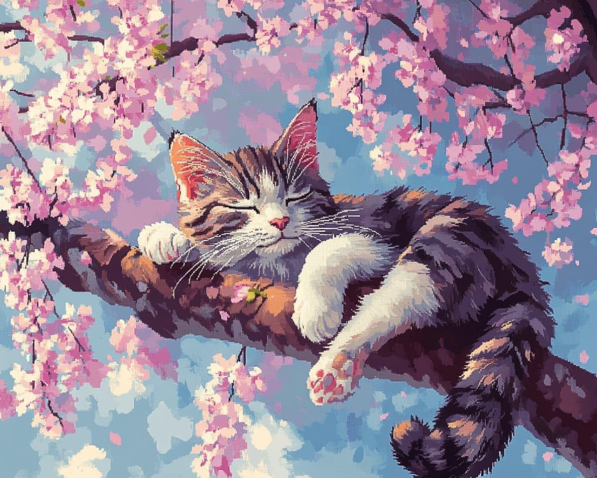 AxiangziK 16x20 Inch Cross Stitch Kit,Cat on the Cherry Blossom Tree 40x50cm Pre Printed Embroidery Kit for Adults,DIY Needlepoint Wall Art Home Decor