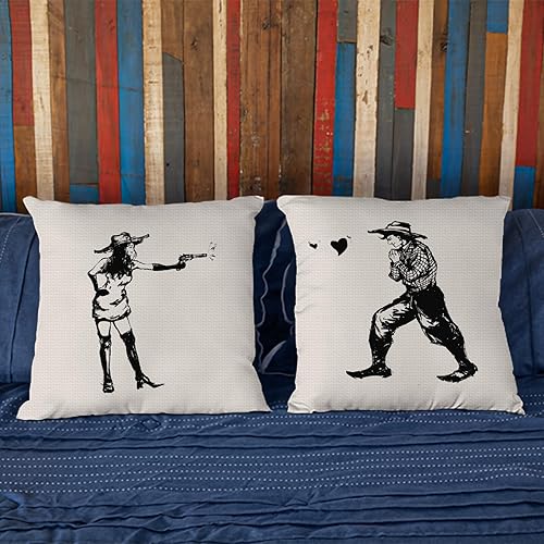 Miniatura 3 de Paquete de 2 divertidas fundas de almohada occidentales para parejas, tiro de vaquera con amor, boda, aniversario, despedida de soltera, regalo para
