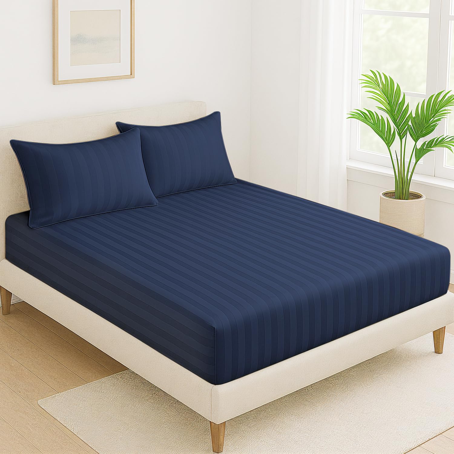 Cloth Fusion Elastic Fitted Glace Cotton Satin Striped Bedsheet King Size with 2 Pillow Covers (78X72 Inches, Navy Blue) 130TC