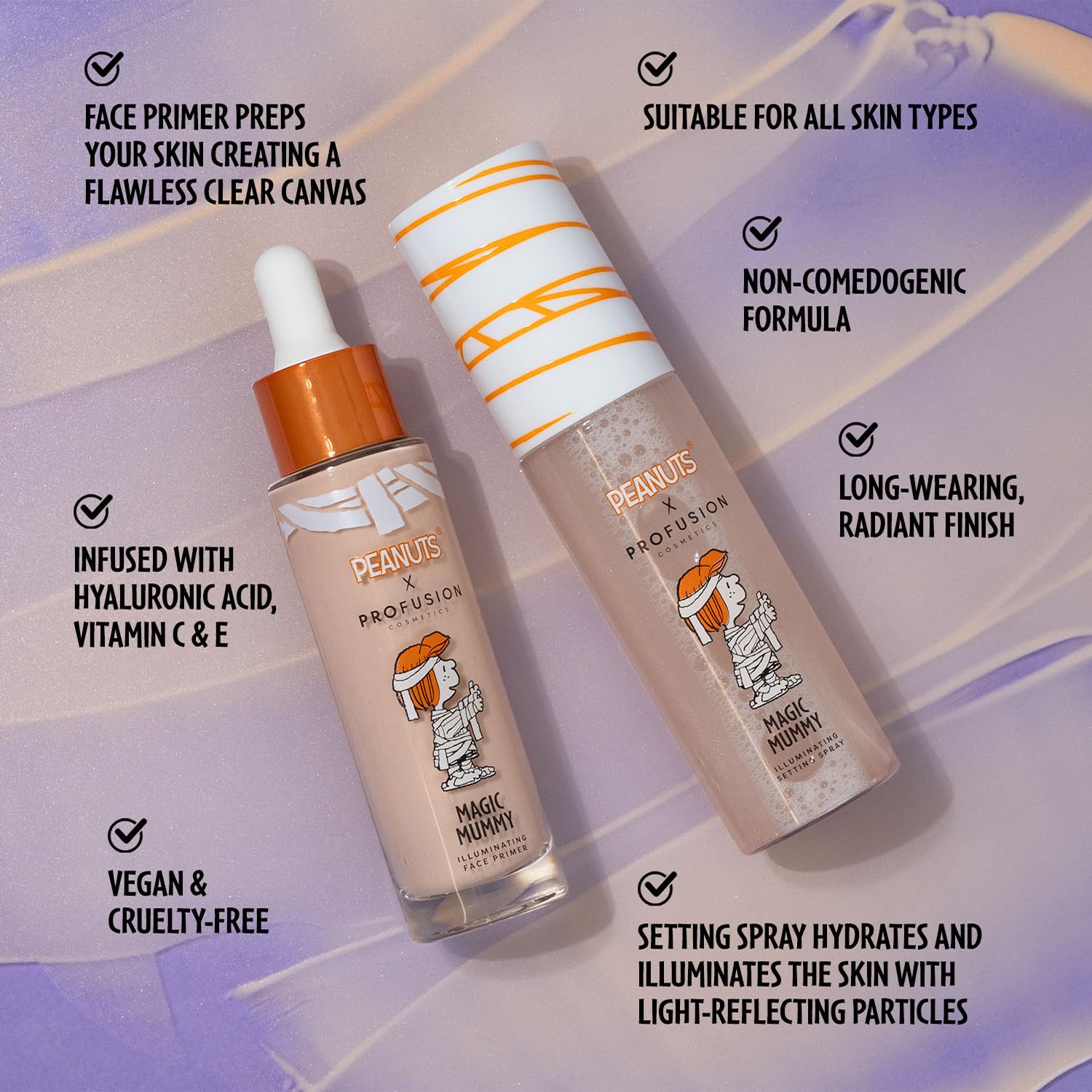 Profusion Cosmetics Peanuts Magic Mummy Illuminating Face Primer and Setting Spray, Lightweight and Long Wearing for Flawless, Smooth Canvas